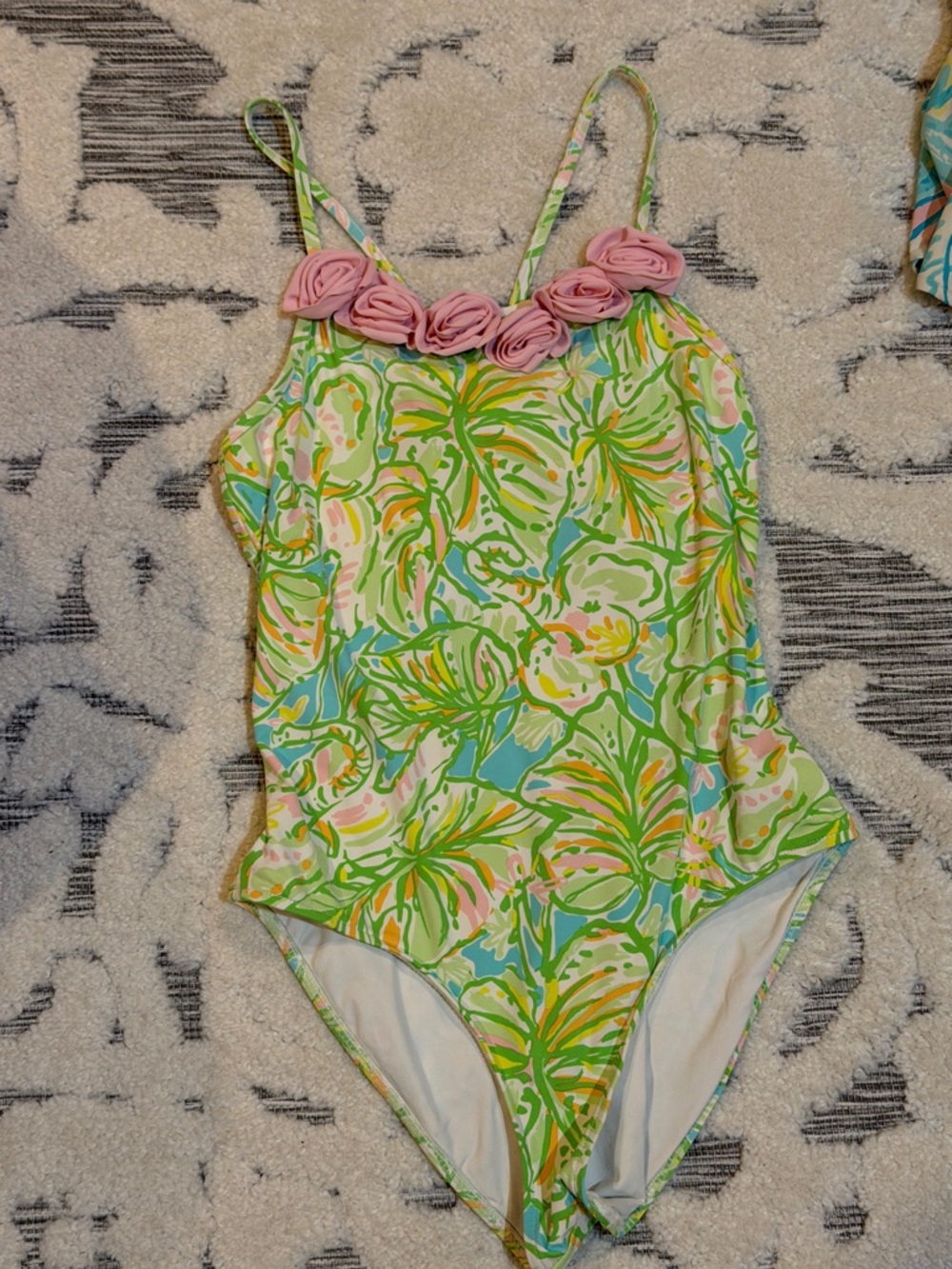 Lilly Pulitzer Girls' Sz 12 Tropical Floral 1- Pc Bathing Swimsuit Pink Rosette